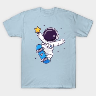 Cute Astronaut Playing Skateboard With Star Cartoon T-Shirt